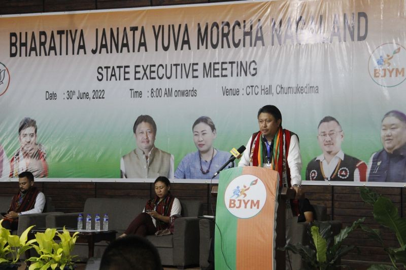 Minister Jacob Zhimomi addressing the State BJYM executive meeting at Chümoukedima on June 30. 